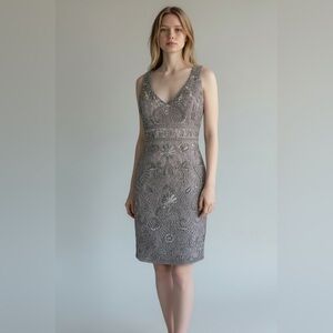 Sue Wong Nocturne Beaded Lace Cocktail Dress Silver Gray V-Neck Size 0
